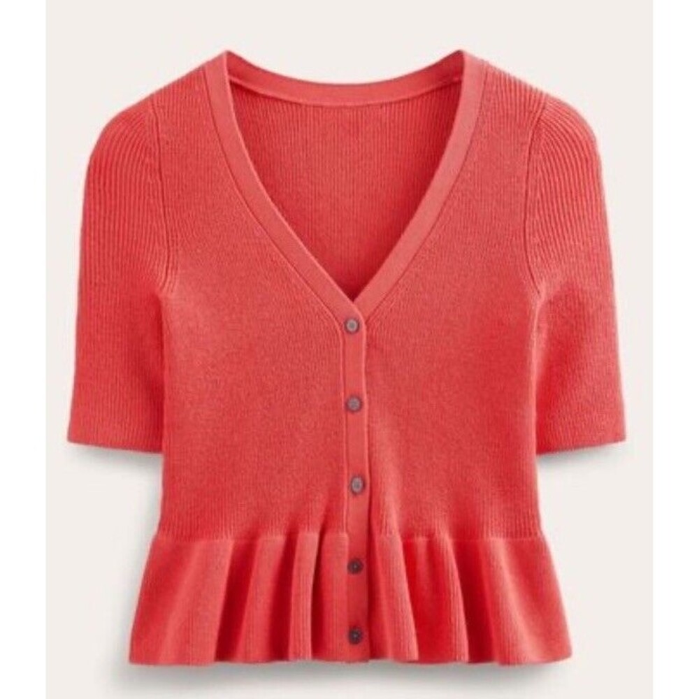 Boden Ribbed Peplum Coral Pink Cardigan Short Sleeve Large
